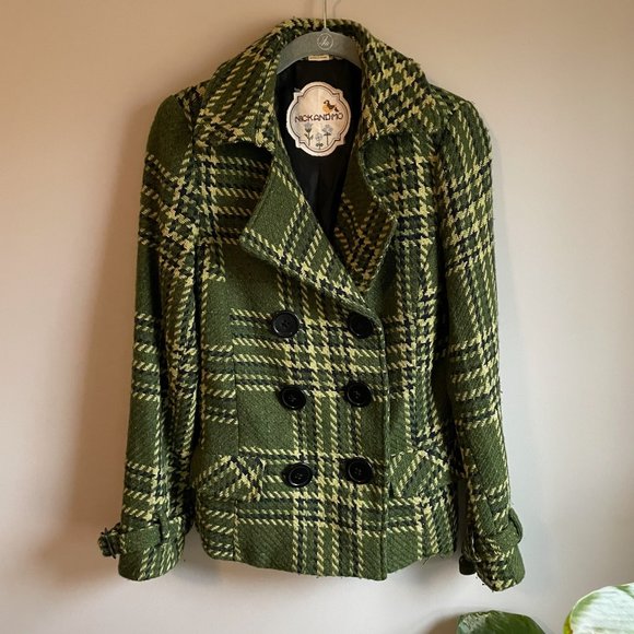 Anthropologie Jackets & Blazers - Anthropologie Nick And Mo Tweed Emerald Green Plaid Retro Style Pea Coat Size L